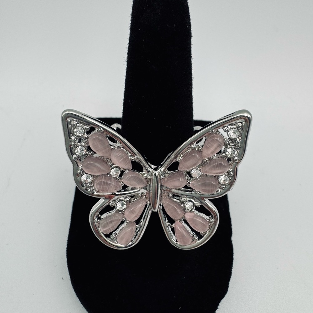 PINK Butterfly Rhinestone Ring Silver Tone Size Adjustable Stretch Bug Insect
